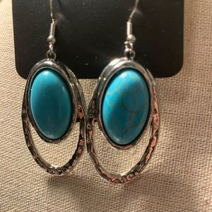Turquoise  and silver large oval shaped earrings
